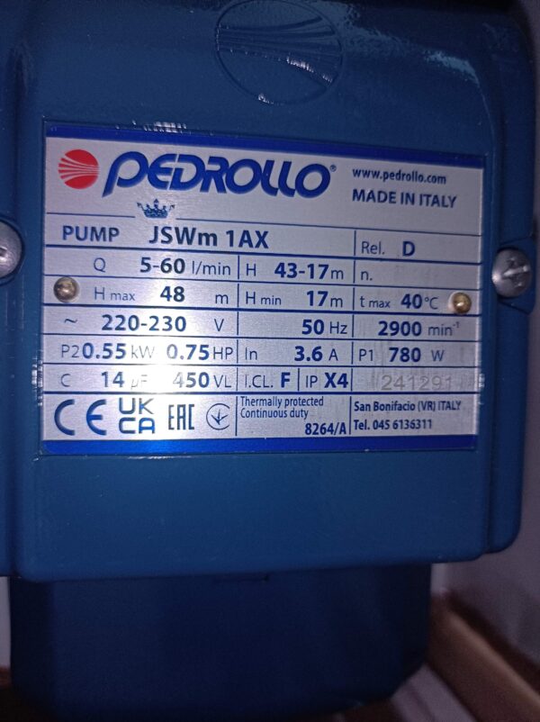 Pompa Pedrollo JSWm 1 AX, 220/230 volt 50 Hz - immagine 3